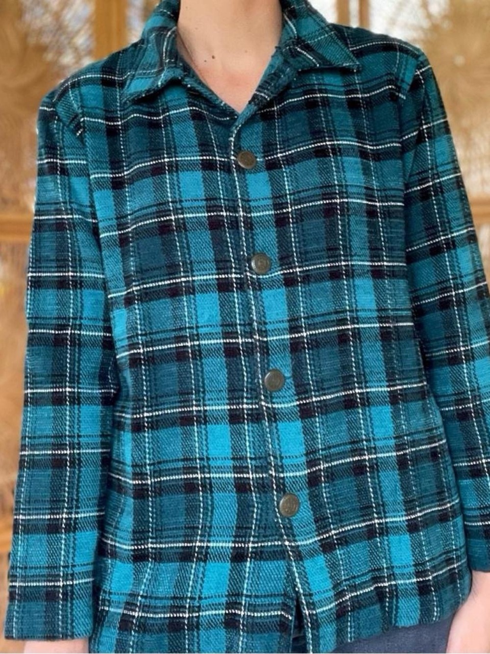 Vintage Graff Petite Turquoise Aqua Black Plaid Soft Acrylic Button Front Jacket